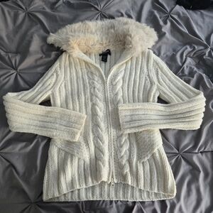 Vintage Express Fur Collar Knit Sweater Jacket Zip-Up Size Large